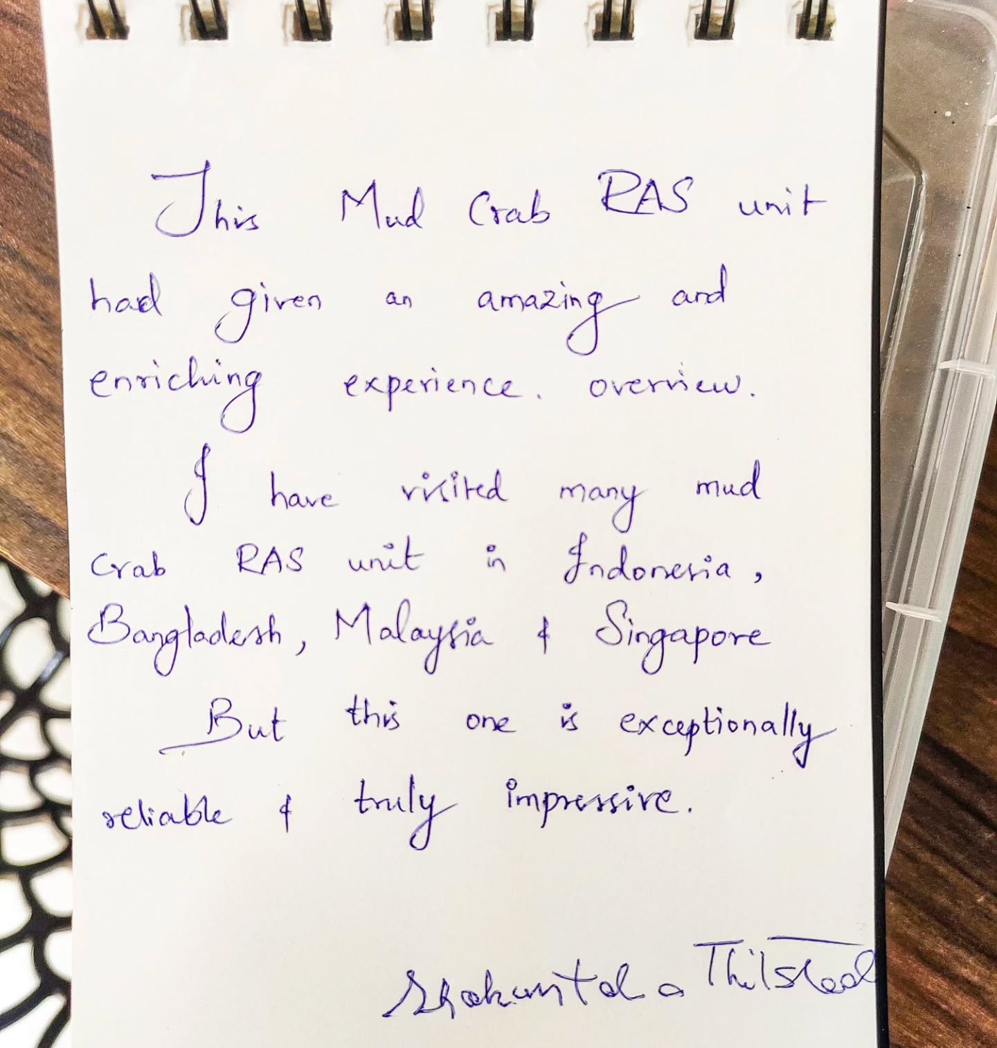 Original handwritten note by Dr. Shakuntala Thilsted commending the Noxmara RAS unit